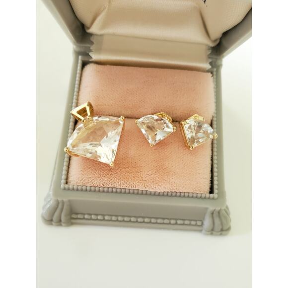 Vintage 14K Gold Triangle Crystal Zirconia Earring and Pendant Set - Picture 1 of 8